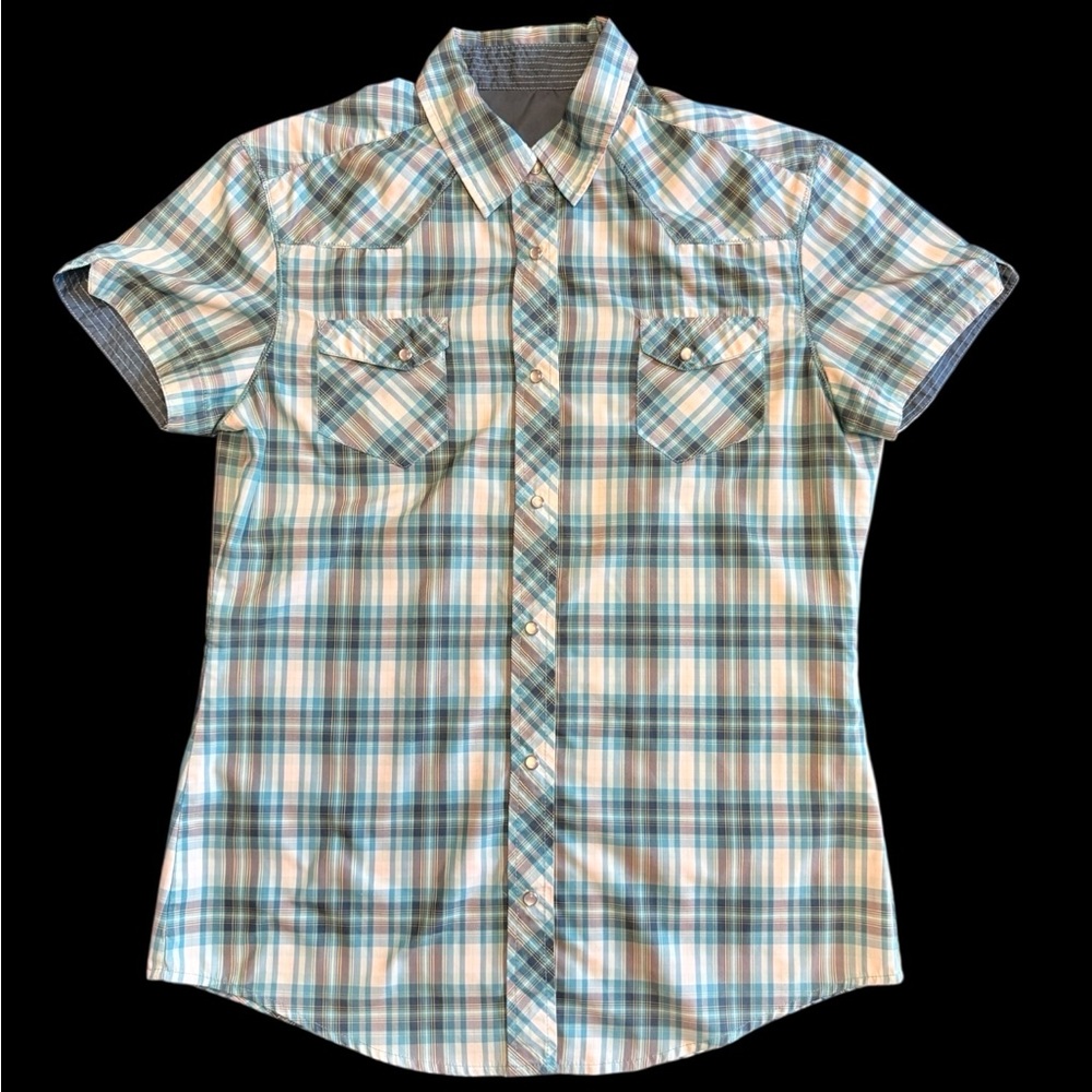 Kuhl Blue and White Check Western Style Snap Pearl Button Shirt Ladies M